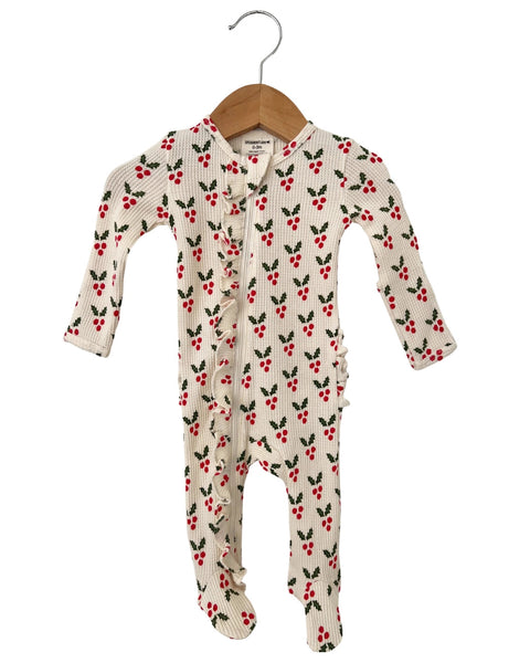 Waffle Zip Ruffle Footie Romper | Holly - PREORDER