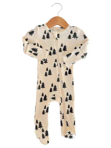 Waffle Zip Footie Romper | Forest Green Trees - PREORDER