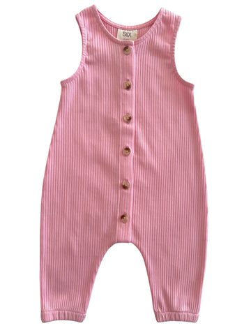 Ribbed Tank Button Pants Romper | Pink - PREORDER