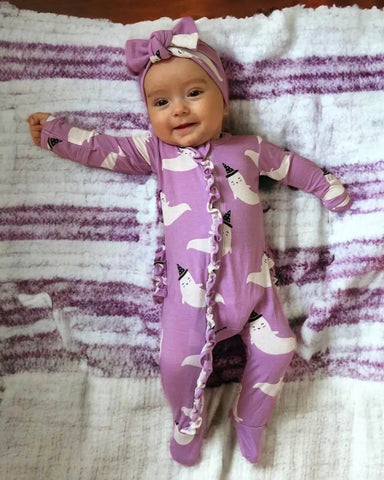 Zip Ruffle Footie Romper | Purple Ghost - PREORDER