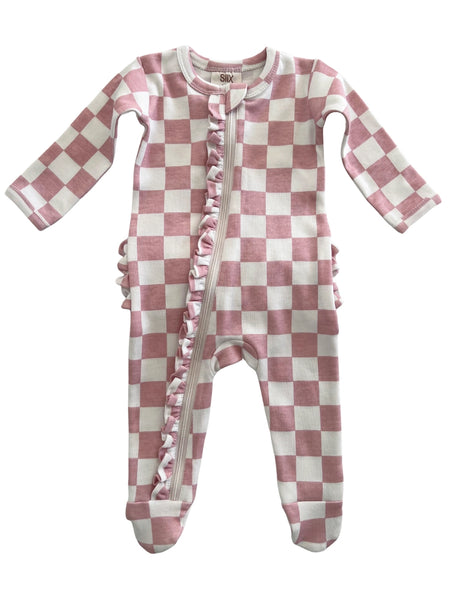 Zip Ruffle Footie Romper | Strawberry Shortcake Checkerboard - PREORDER