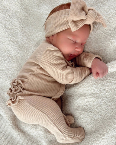 Waffle Zip Ruffle Footie Romper | Tan - PREORDER