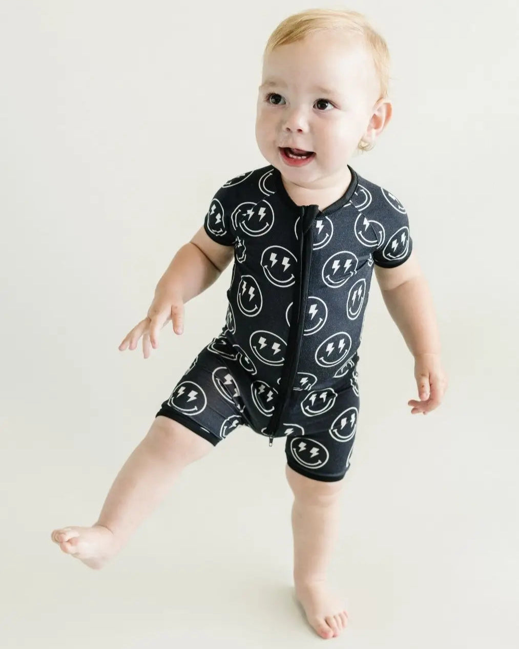 Bamboo Shorty Romper | Electric Smiley - PREORDER