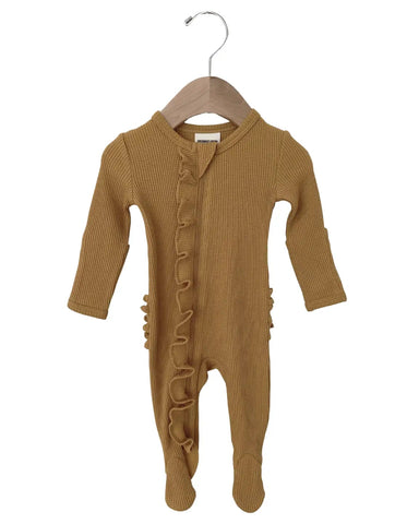 Waffle Zip Ruffle Footie Romper | Honey - PREORDER