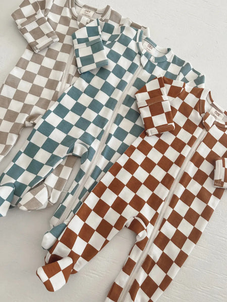 Zip Footie Romper | Blueberry Muffin Checkerboard - PREORDER