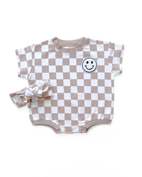 Checkered Smiley Short Sleeve Bubble Romper | Latte - PREORDER