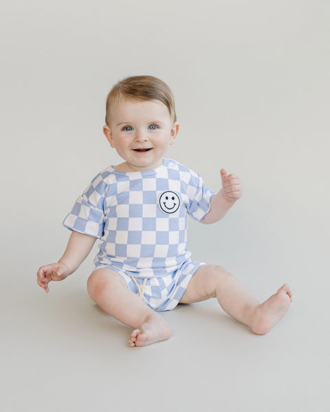 Checkered Smiley Top & Shorts Set | Blue - PREORDER