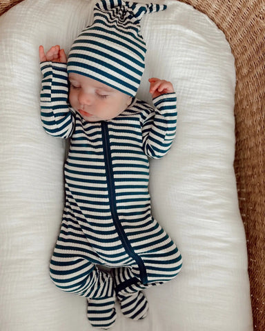 Ribbed Zip Footie Romper | Steel Blue Stripes - PREORDER