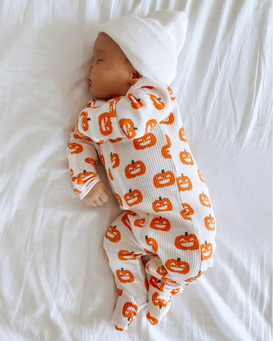 Waffle Zip Footie Romper | White Jack-O-Lantern - PREORDER