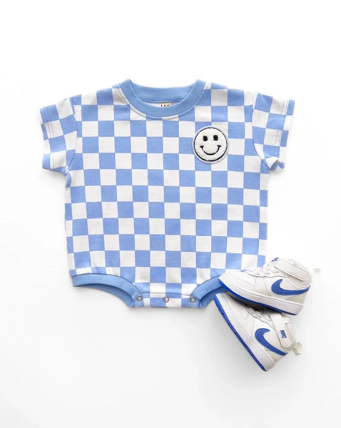 Checkered Smiley Short Sleeve Bubble Romper | Blue - PREORDER