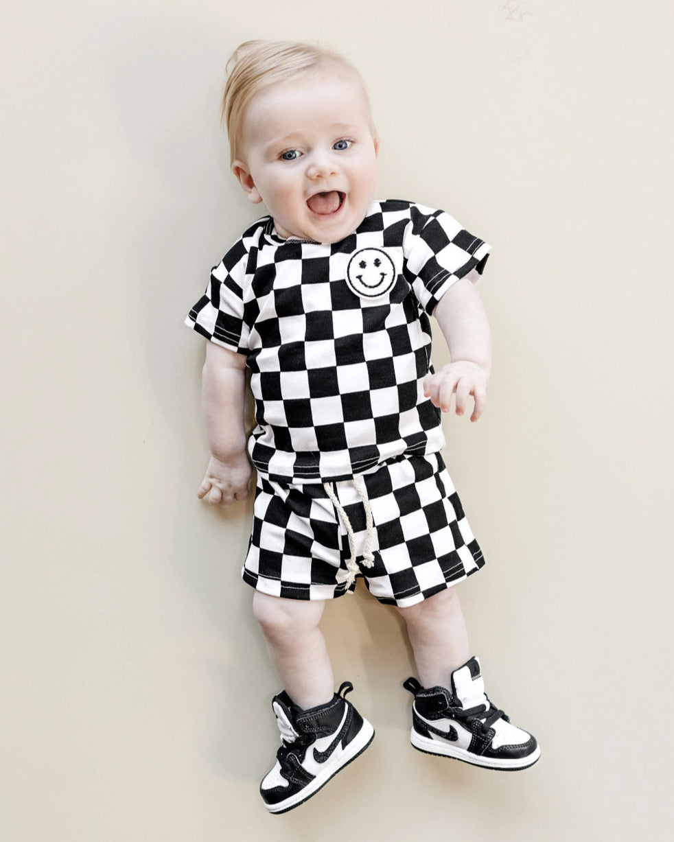 Checkered Smiley Top & Shorts Set | Black - PREORDER