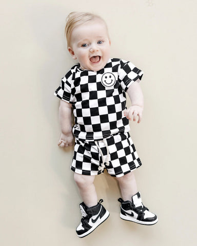 Checkered Smiley Top & Shorts Set | Black - PREORDER