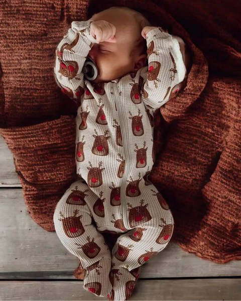 Waffle Zip Footie Romper | Reindeer - PREORDER