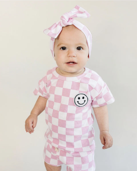 Checkered Smiley Top & Shorts Set | Pink - PREORDER