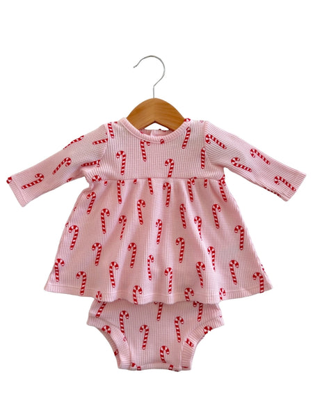 Waffle Simple Dress & Bloomer | Pink Candy Cane - PREORDER