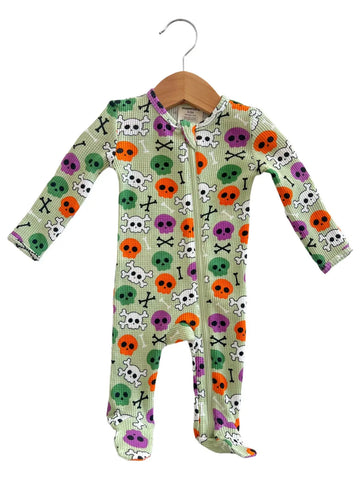Waffle Zip Footie Romper | Green Candy Skulls - PREORDER