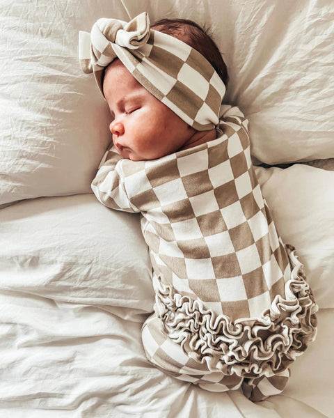 Zip Ruffle Footie Romper | Tiramisu Checkerboard - PREORDER