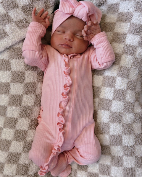 Ribbed Zip Ruffle Footie Romper | Pink - PREORDER
