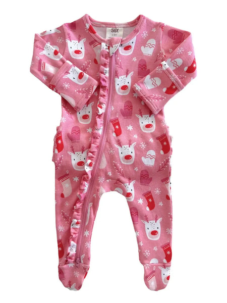 Zip Frill Footie Romper | Pink Reindeer - PREORDER