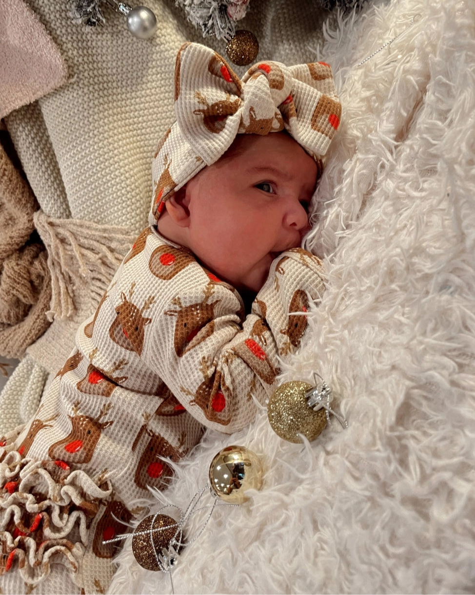 Waffle Zip Ruffle Footie Romper | Reindeer - PREORDER