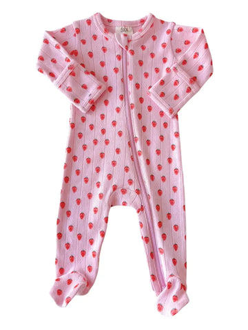Organic Pointelle Zip Footie | Pink Strawberry - PREORDER
