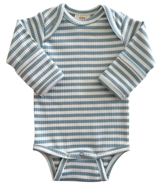 Ribbed Long Sleeve Bodysuit | Dusty Blue Stripes - PREORDER