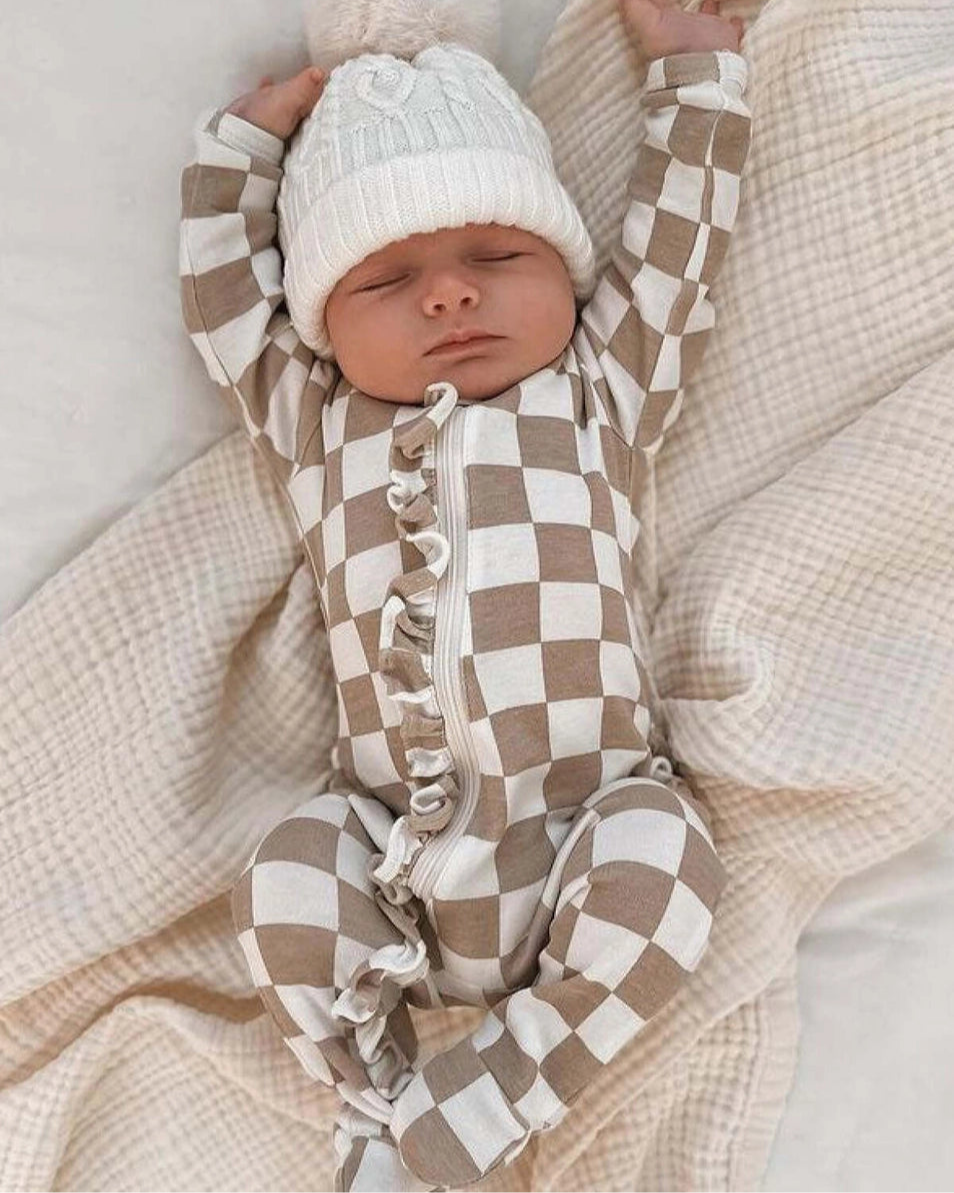 Zip Ruffle Footie Romper | Tiramisu Checkerboard - PREORDER