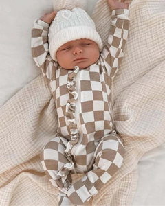 Zip Ruffle Footie Romper | Tiramisu Checkerboard - PREORDER