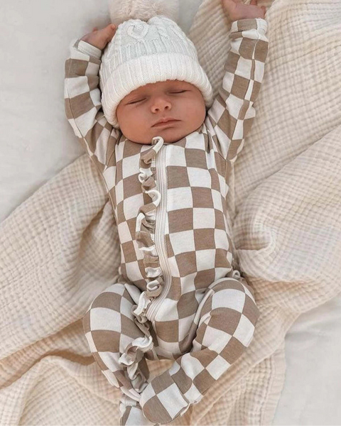 Zip Ruffle Footie Romper | Tiramisu Checkerboard - PREORDER