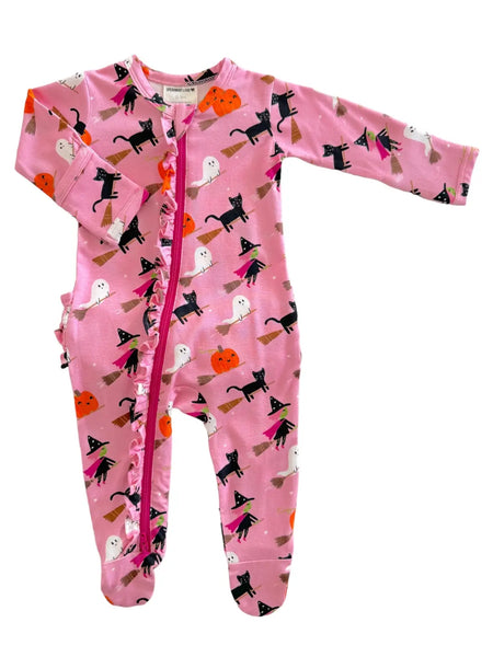 Zip Ruffle Footie Romper | Pink Broomstick Friends - PREORDER