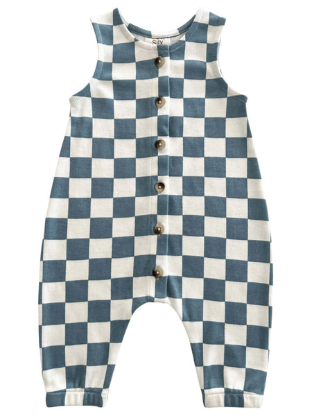 Tank Button Pants Romper | Blueberry Muffin Checkerboard - PREORDER