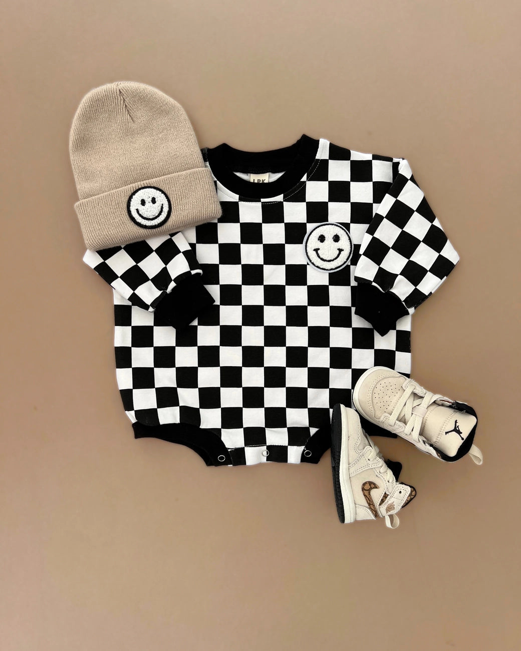 Checkered Smiley Long Sleeve Bubble Romper | Black - PREORDER