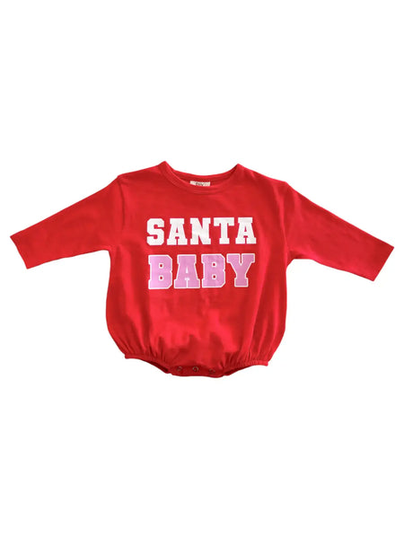 Long Sleeve Bubble Romper | Red & Pink Santa Baby - PREORDER