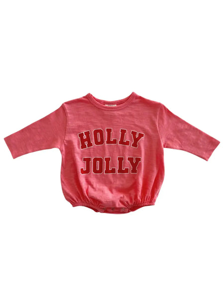 Long Sleeve Bubble Romper | Pink Holly Jolly - PREORDER