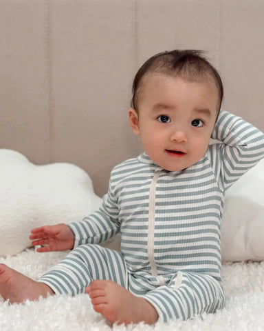 Ribbed Zip Romper | Dusty Blue Stripes - PREORDER