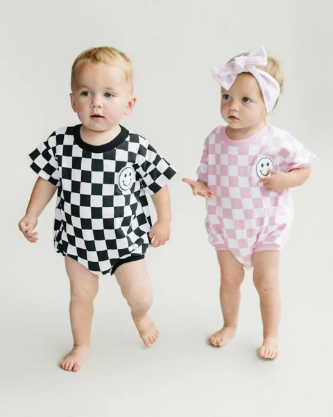 Checkered Smiley Short Sleeve Bubble Romper | Black - PREORDER