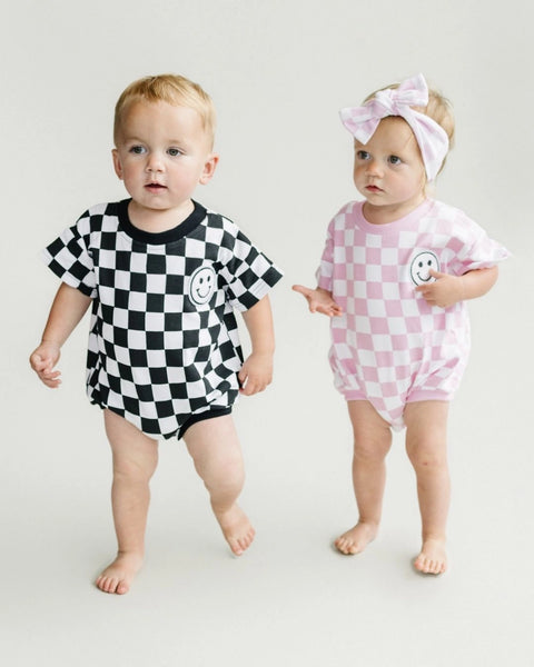 Checkered Smiley Short Sleeve Bubble Romper | Pink - PREORDER