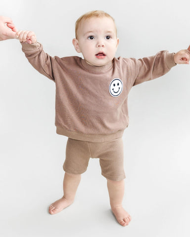 Smiley Top & Biker Shorts Set | Mocha - PREORDER