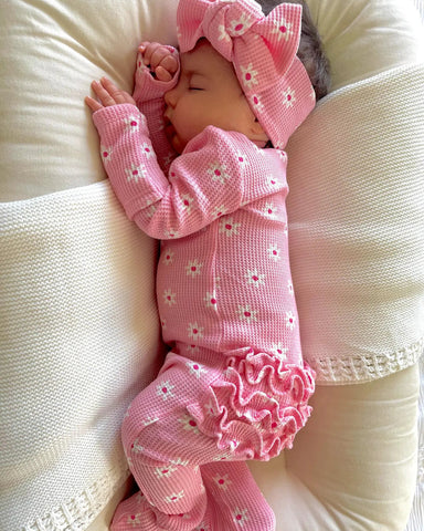 Waffle Zip Ruffle Footie Romper | Pink Flower - PREORDER
