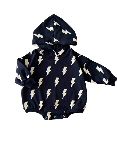 Hooded Bubble Romper | Black Bolts - PREORDER