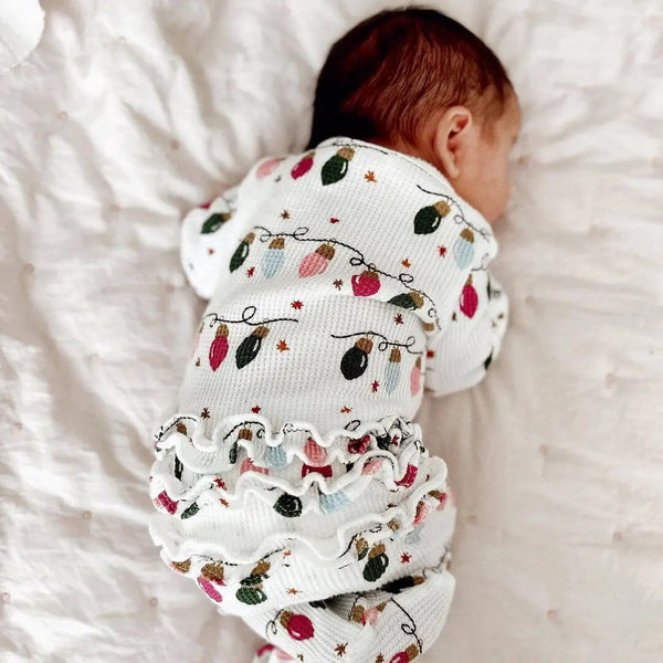 Waffle Zip Ruffle Footie Romper | Girly Christmas Lights - PREORDER