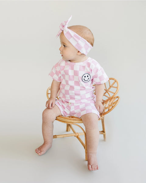 Checkered Smiley Top & Shorts Set | Pink - PREORDER