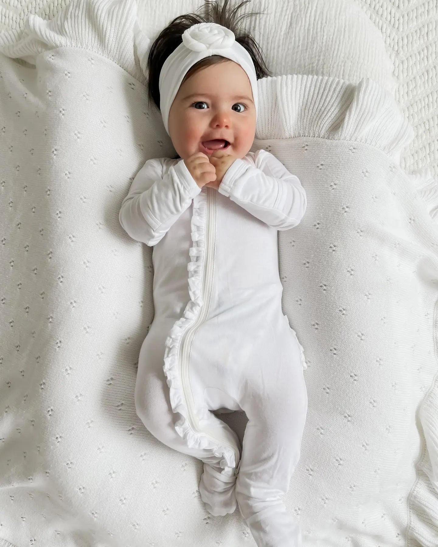Zip Ruffle Footie Romper | White - PREORDER