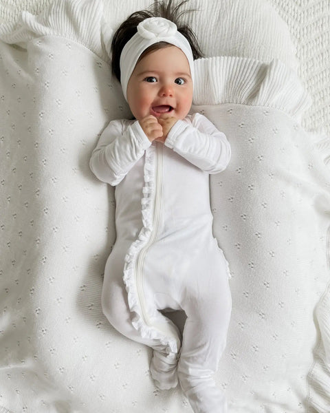 Zip Ruffle Footie Romper | White - PREORDER
