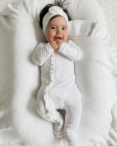 Zip Ruffle Footie Romper | White - PREORDER
