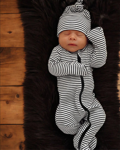 Ribbed Zip Footie Romper | Black Stripes - PREORDER