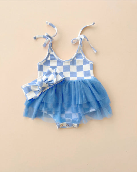 Checkered Tutu Romper | Blue - PREORDER