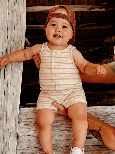 Tank Button Shorts Romper | Biscuit Mixed Stripe - PREORDER