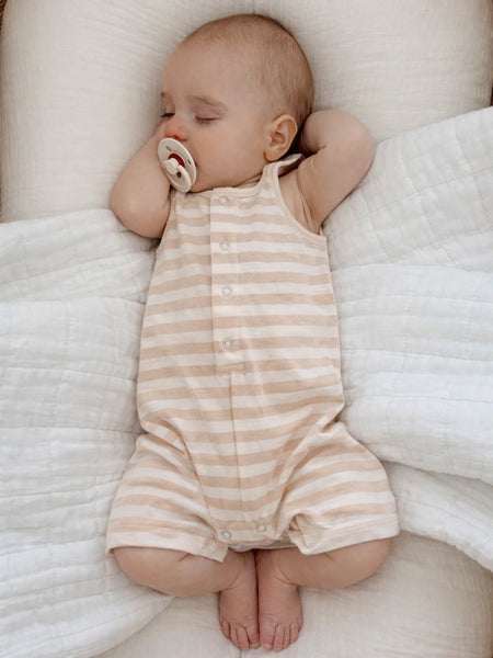 Tank Button Shorts Romper | Biscuit Stripe - PREORDER