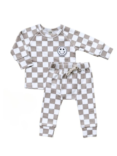 Checkered Smiley Top & Pants Set | Latte - PREORDER